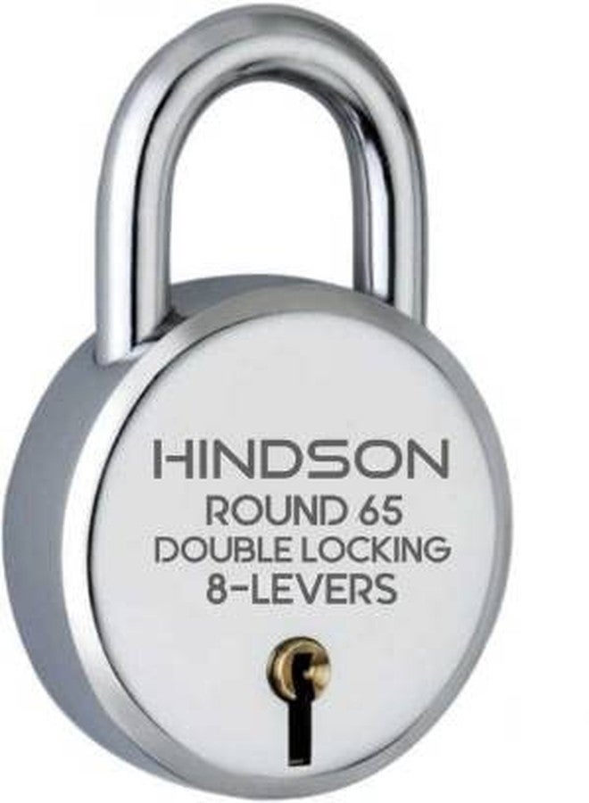 HINDSON Lock Round 65mm with 3 Key, Steel Double Locking, 8 Lever Padlock for Door, Gate, Shutter (Finish Silver) (Lock with Chain) - Image 2